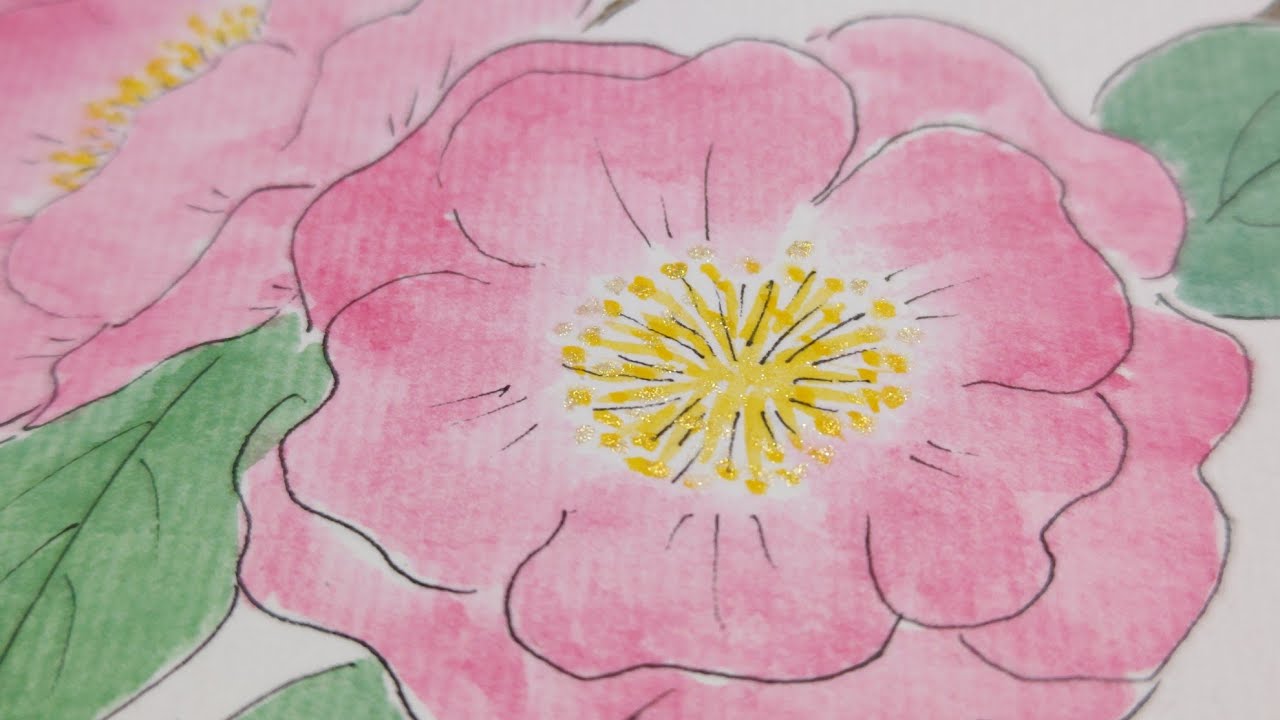 絵手紙始めました 15山茶花 picture letter 15 Camellia sasanqua