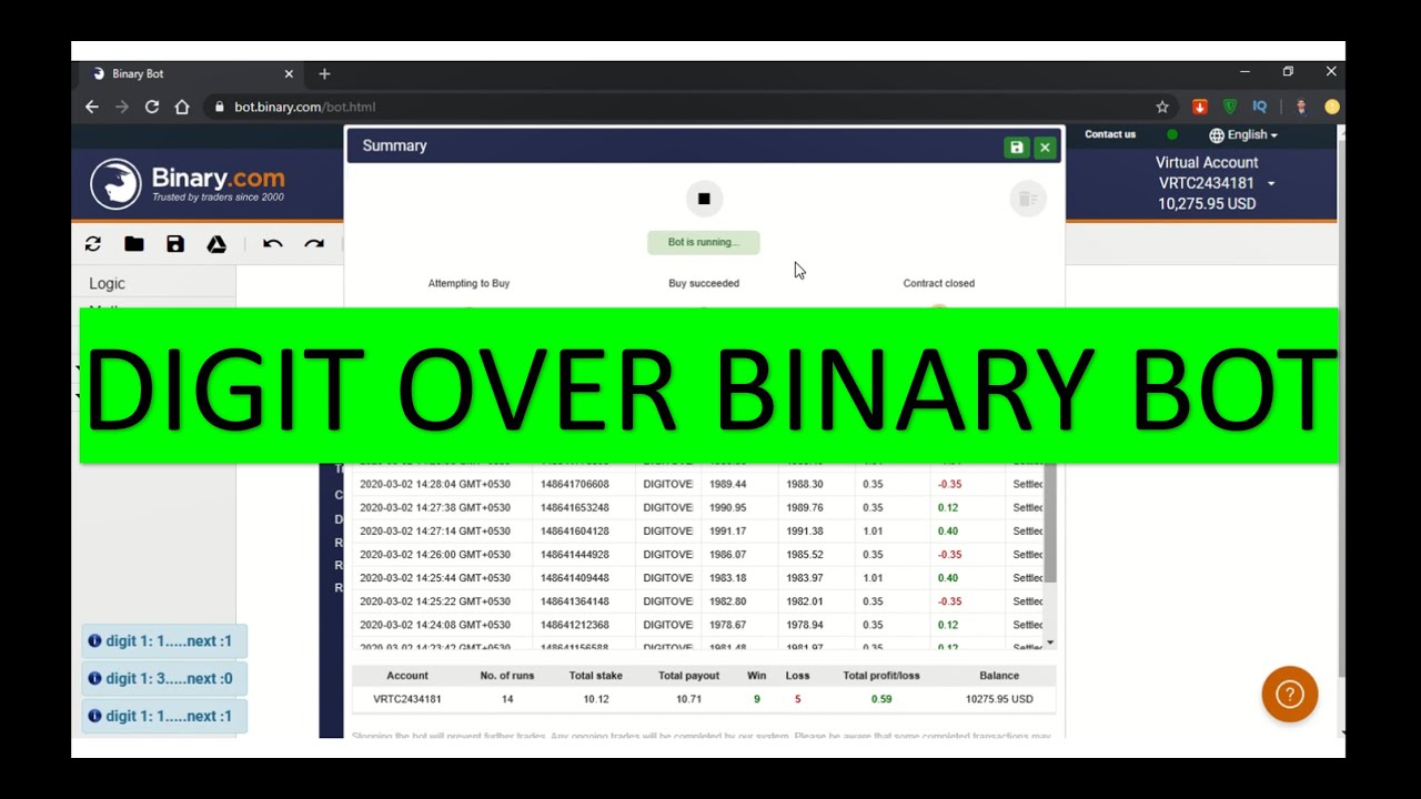 Binary Option ROBOT, DIGIT OVER BOT 2020 ( LOW BALANCE) - YouTube