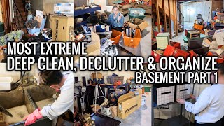 DEEP CLEAN, DECLUTTER &amp; ORGANIZE WITH ME, Massive Transformation | Unfinished Basement Series Part 1