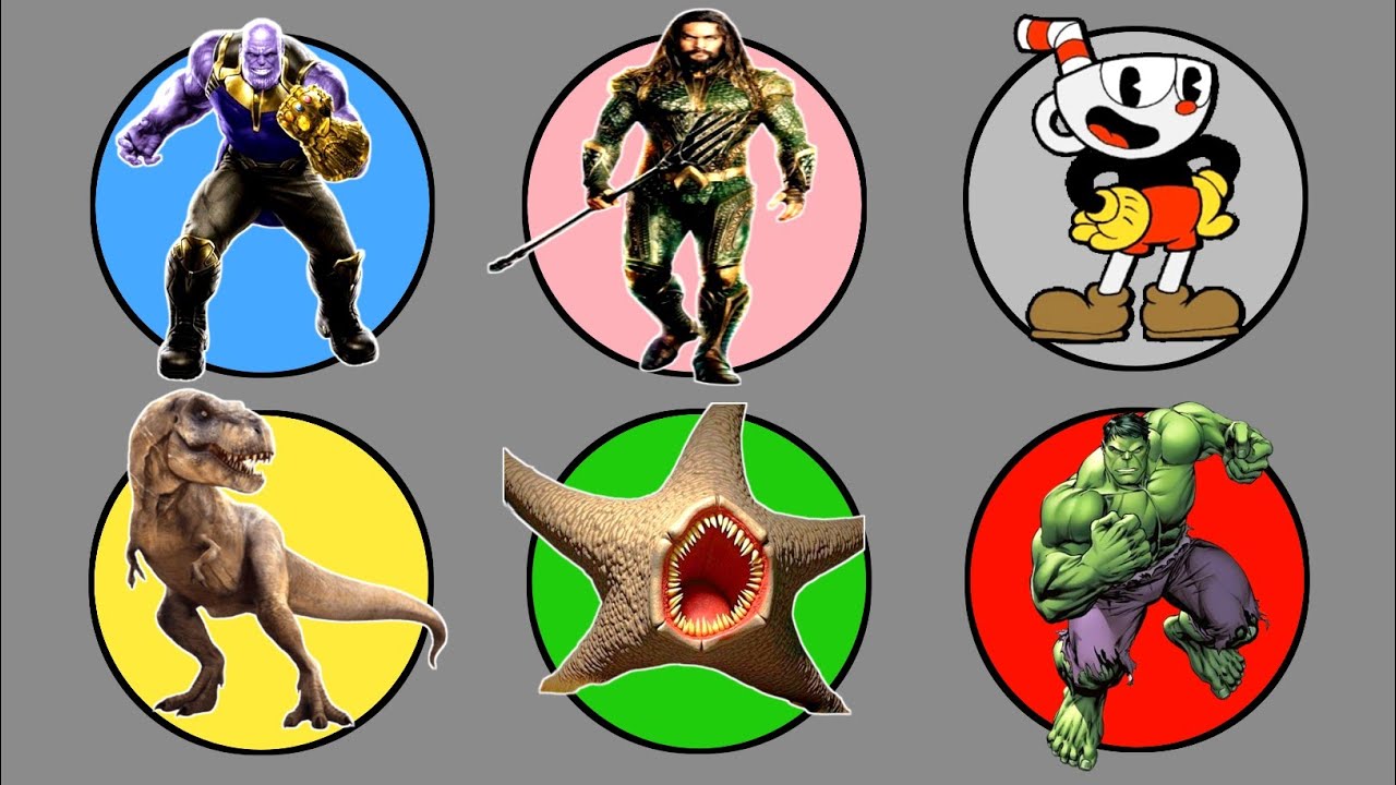 Spin Wheel Monster !! Thanos vs Aquaman, Hulk, T-rex, Cup Head, Staro