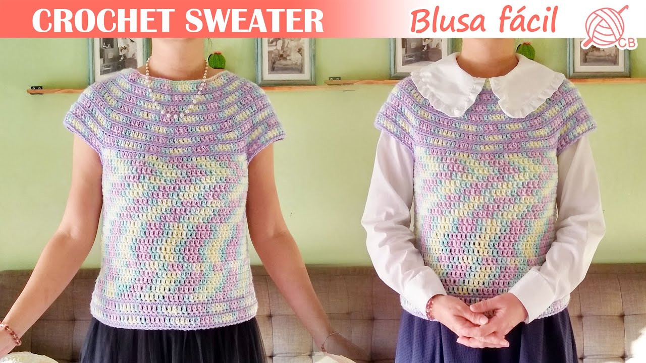 [ENG SUB] Easy Crochet Sweater in 2 DAYS - Easy Yoke Top down Blouse - Blusa Pullover fácil