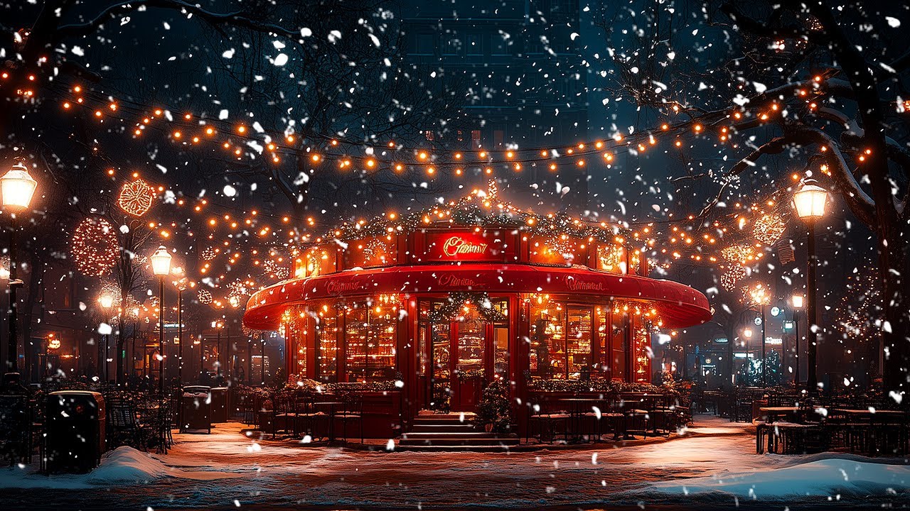 Зимний вечер в кофейне | Открытое кафе «Падающий снег» ~ Мягкий инструментальный джаз