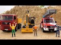 Team rescue fire truck excavator dump truck play at swimming pool  bibo studio