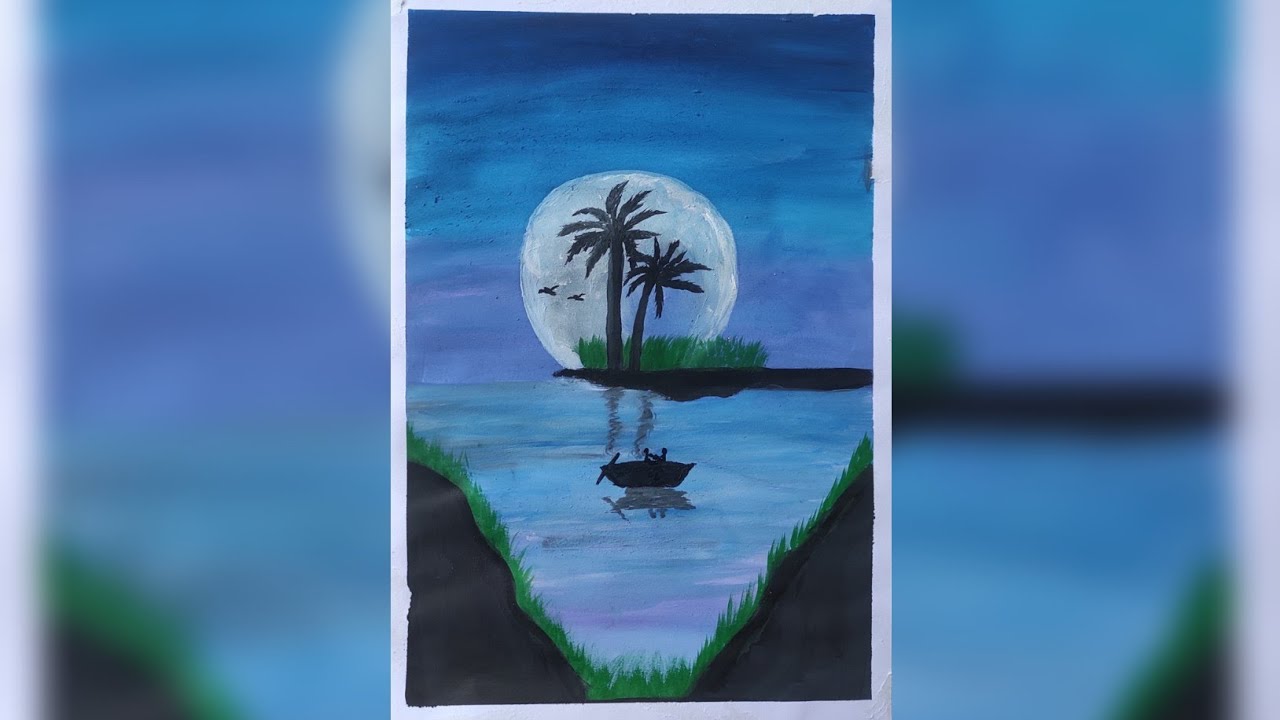 How to draw a simple Scenery using poster colours/Easy moon scenery drawing 