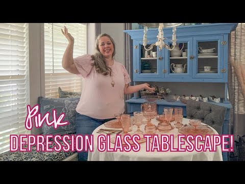 Pink Depression Glass Tablescape America's Sweetheart and Royal Lace plus many more