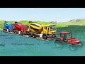 Flatbed Trailer Tractor Truck Transporter Car Rescue Mixer Truck - Cars vs Deep Water - BeamNG.Drive