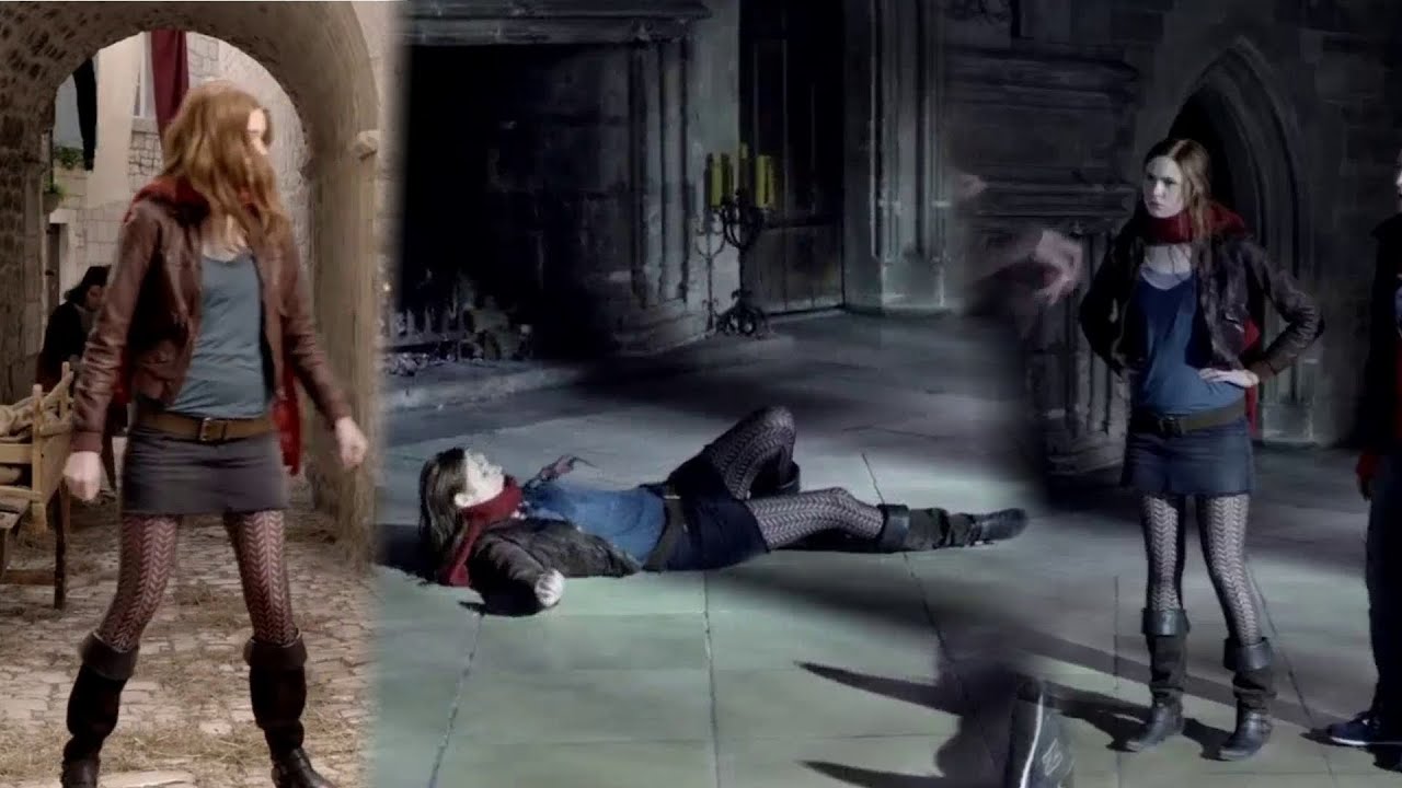 Karen Gillan - very short miniskirt, black patterned pantyhose & boots.  Doctor Who - s05e06