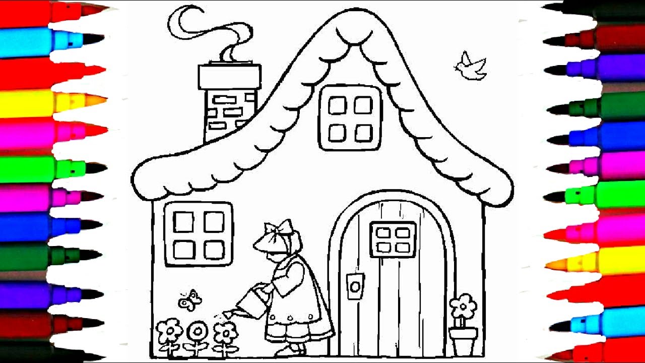 How to Draw House with a Doll Watering the Plants Coloring ...