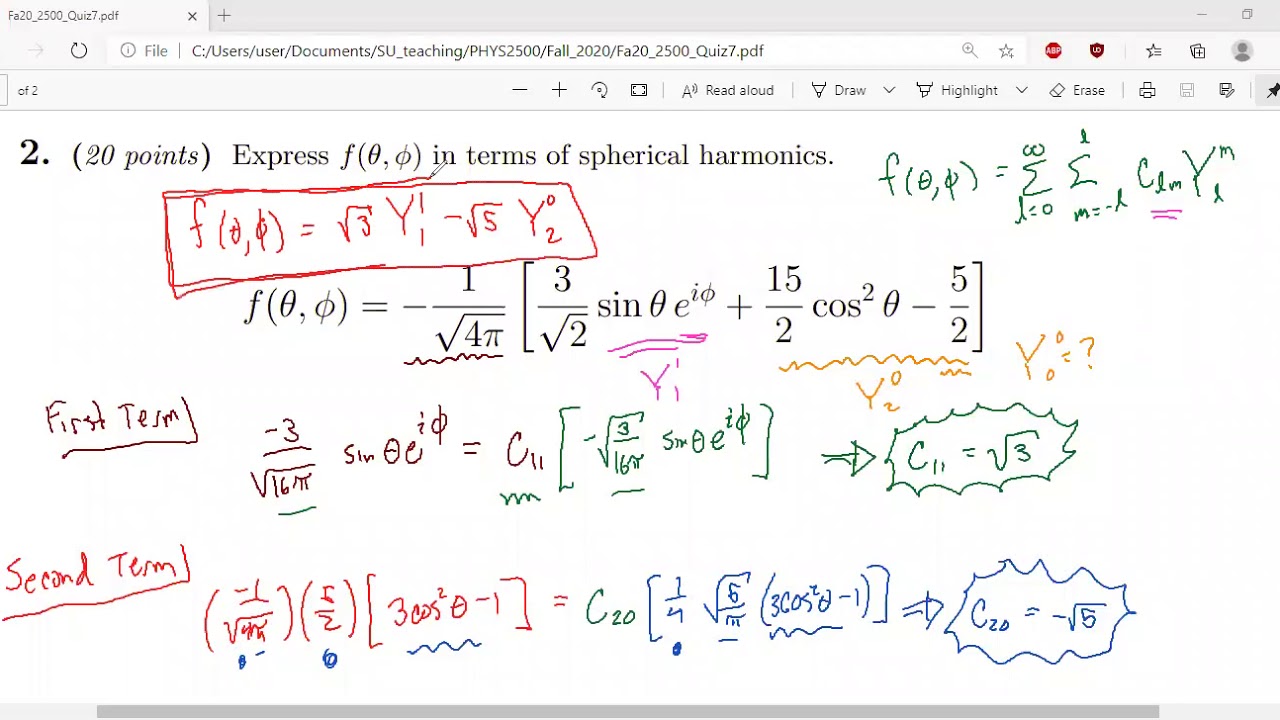 PHYS 2500 Quiz 7: Spherical Harmonics and Multipole Expansions