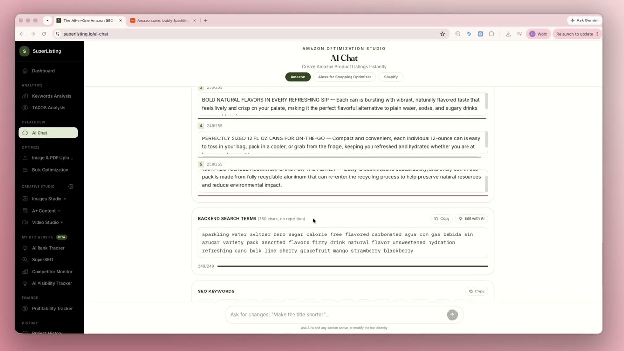 SuperListing AI Chat for Amazon SEO and listing optimization