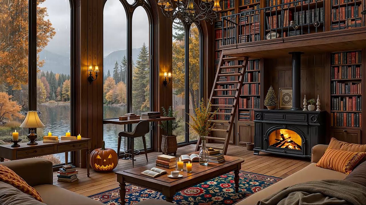 Library Ambience Fall Jazz Piano π Cozy Library Ambience with Fireplace and Rain for ...