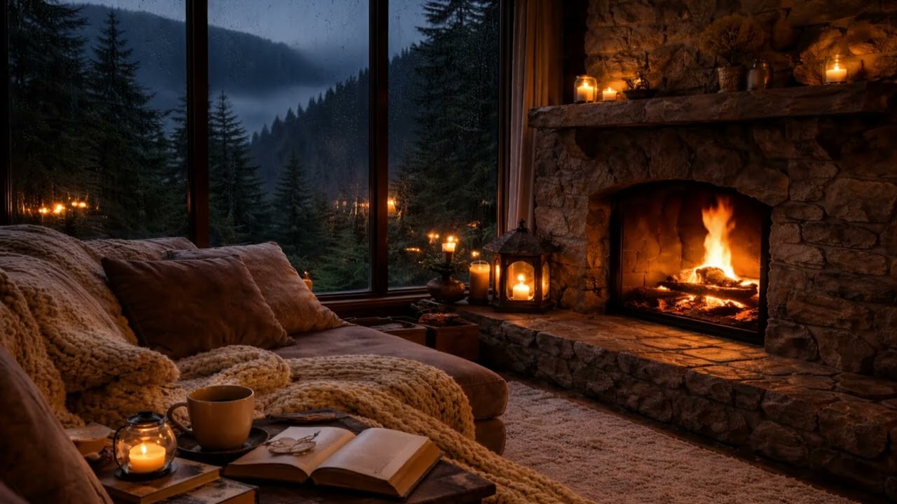 💧RAINY COZY VIBES 🔥 Fireplace & Candlelight Ambience | Cozy Night by the Window | 6 Hours (4K)