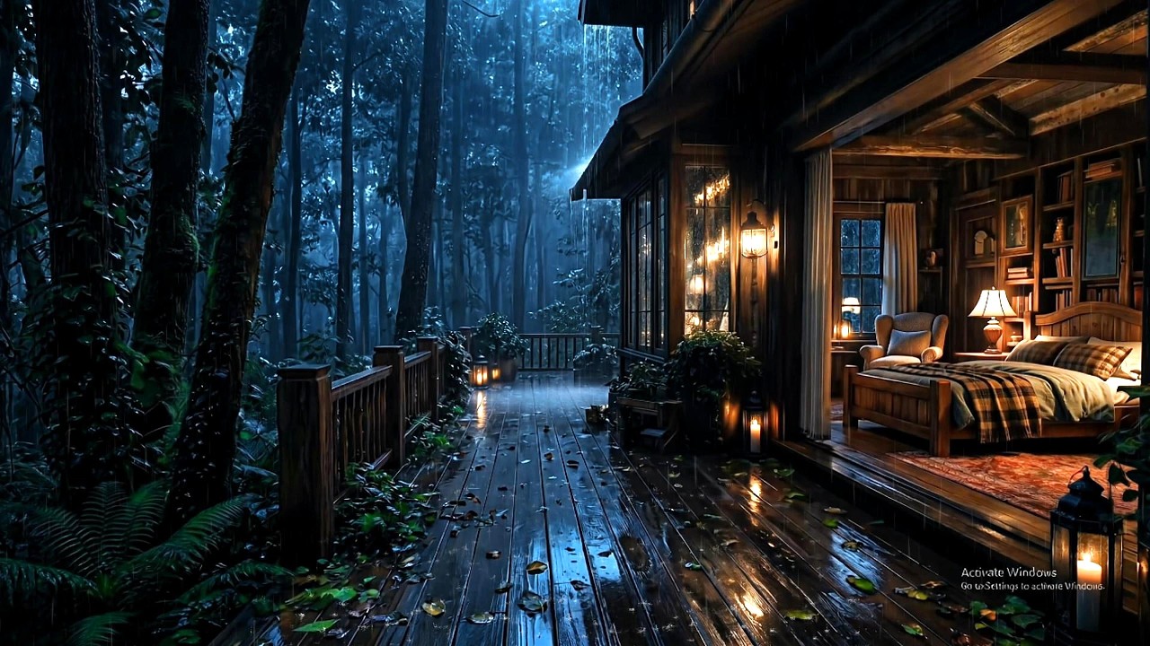 Rainy Night in a Hidden Forest Cabin ⚡ | 4K Rain Sounds & Blue Hour Ambience