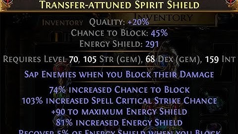 Craft - Transfer-Attuned Spirit shield ES on block, 45% Block, 290 ES, T1 Spell Crit - PoE 3.26