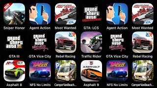 Snipder Honor, Agent Action, Most Wanted, GTA: LCS, GTA III, GTA Vice City, Rebel Racing...