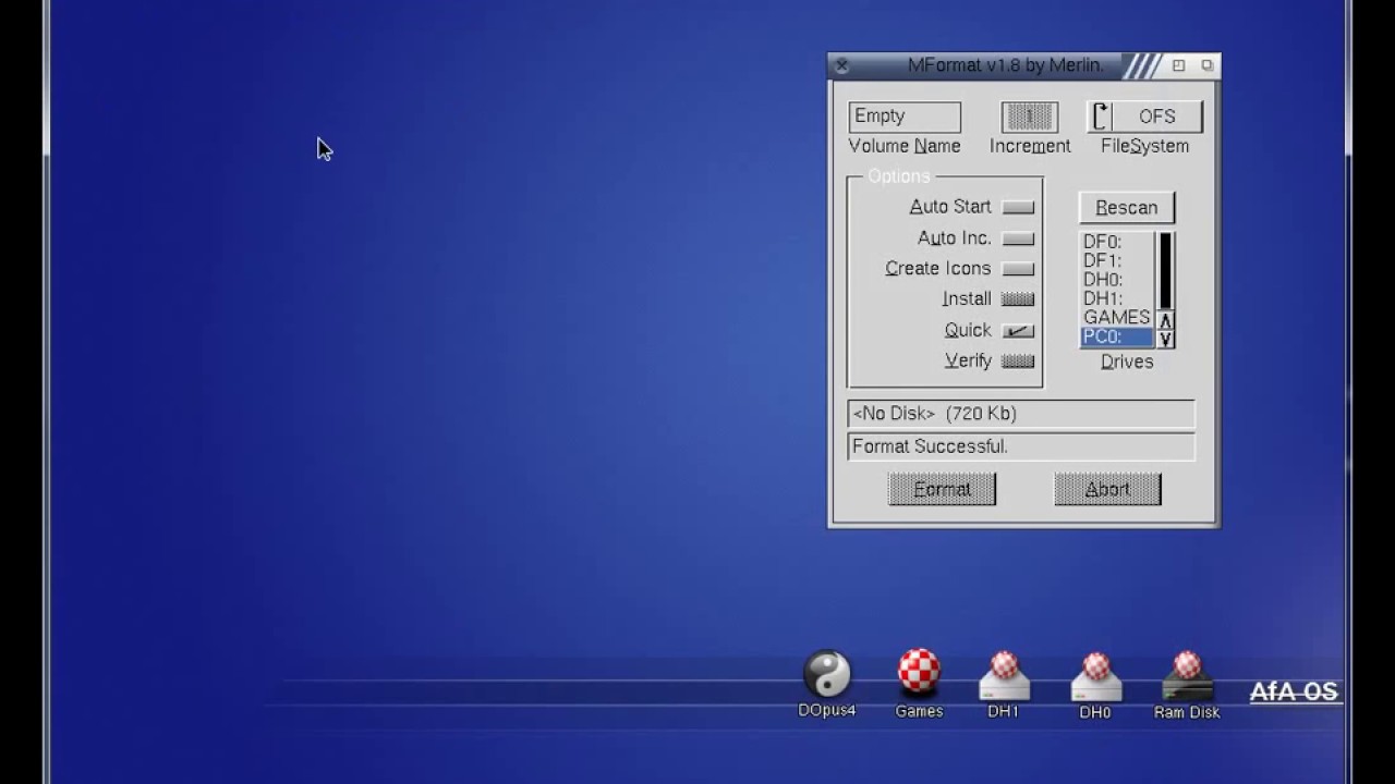 Amiga OS PC0: Format Floppy 720/1.44 (MS-DOS/MAC) in FAT 16 - YouTube