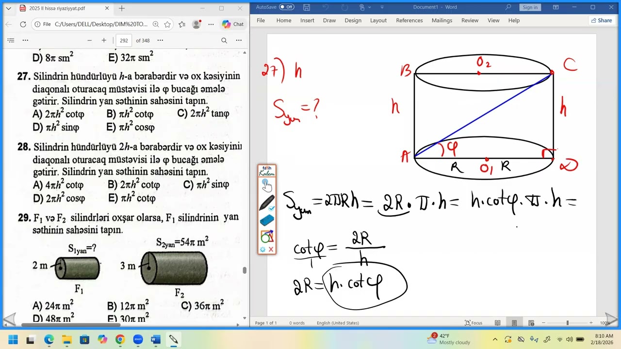 Fırlanma cisimləri. Silindr dim toplu 2025 . Online Riyaziyyat hazırlığı tel 051 982 25 63 