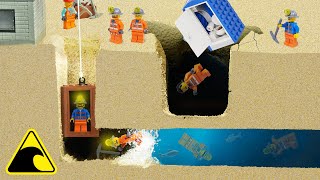 Lego Mine Disaster Causes Surprise Sinkholes - Tsunami Dam Breach Experiment - Wave Machine VS Mine