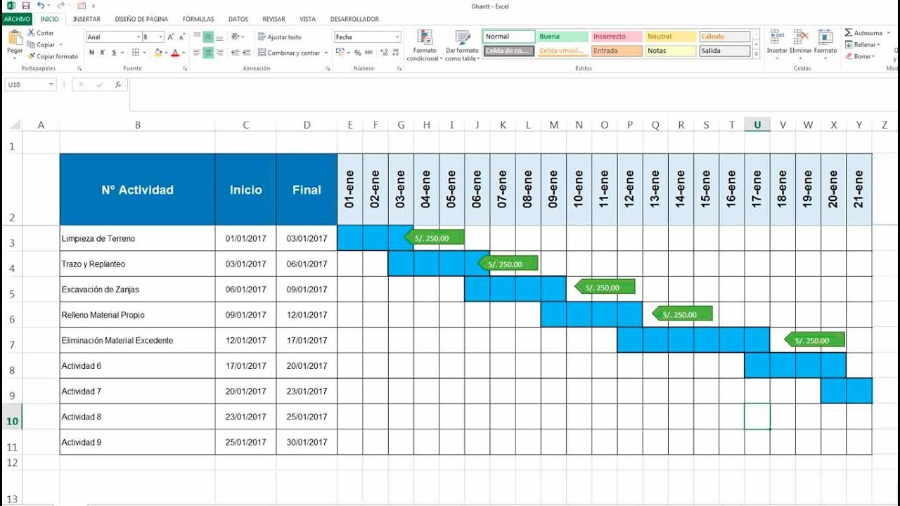 Como hacer un diagrama de Gantt en excel - YouTube