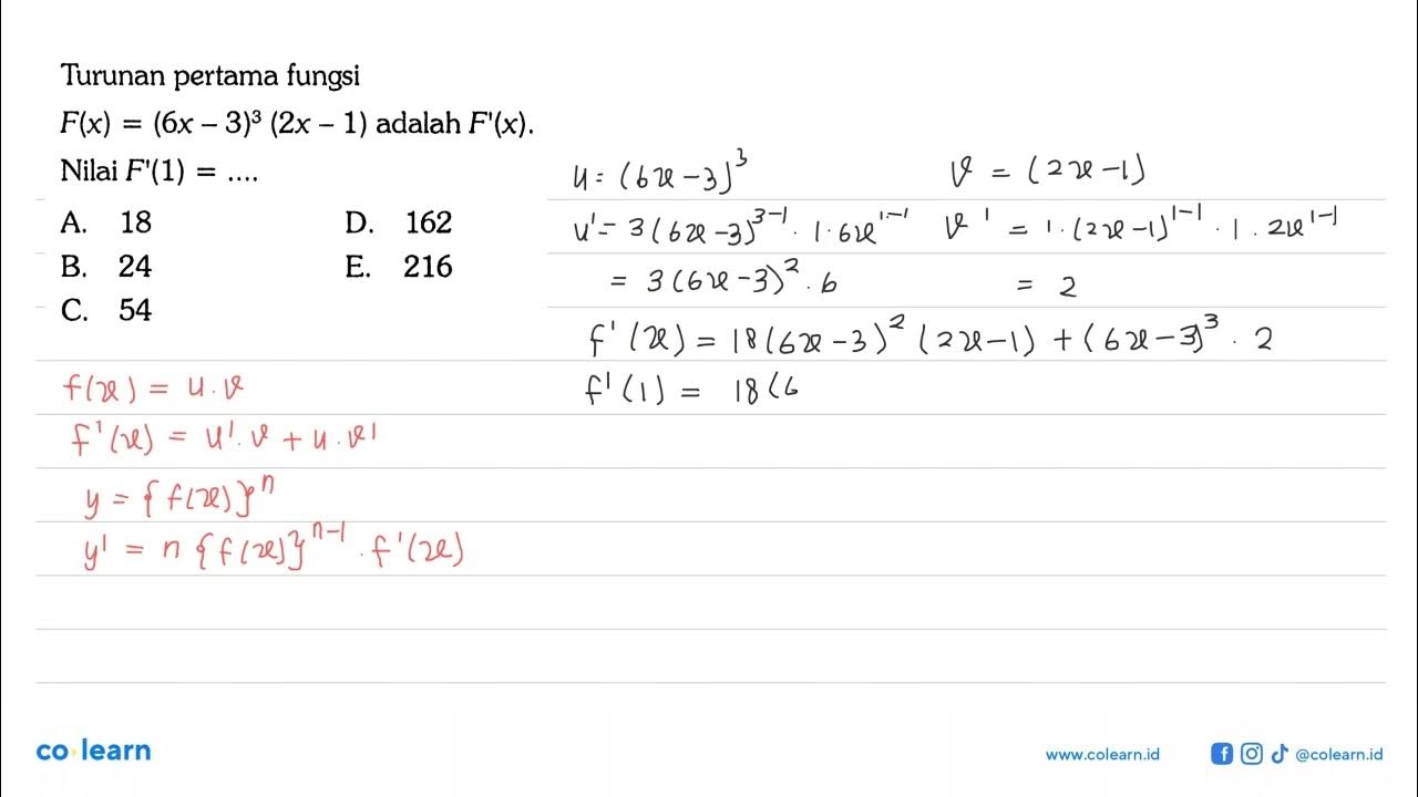 Turunan Pertama Fungsi F x 6x 3 3 2x 1 Adalah F x Nilai F 1 turunan-pertama-fungsi-f-x-6x-3-3-2x-1-adalah-f-x-nilai-f-1