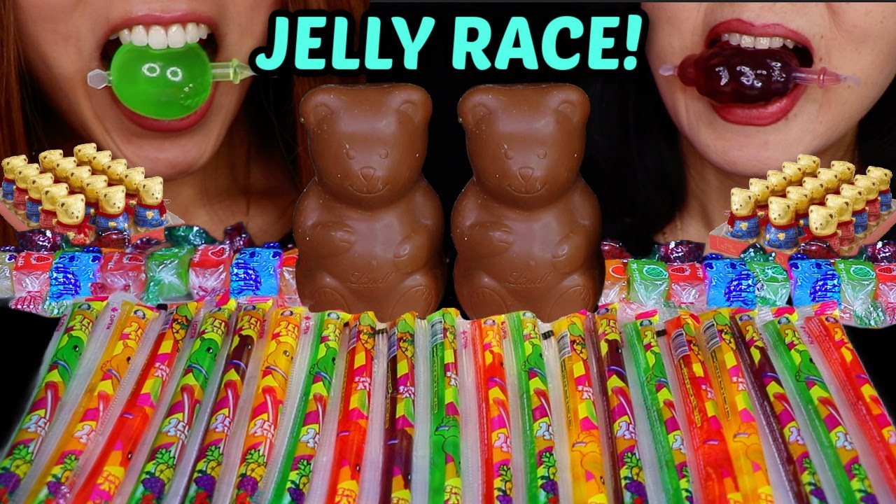 ASMR CHOCOLATE JELLY RACE! Big crunchy Lindt chocolate, Viral fruit popping jelly 먹방