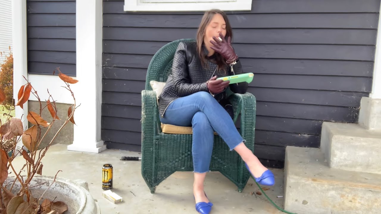 ASMR Smoking and playing video games on the porch - no talking - watching girl smoke