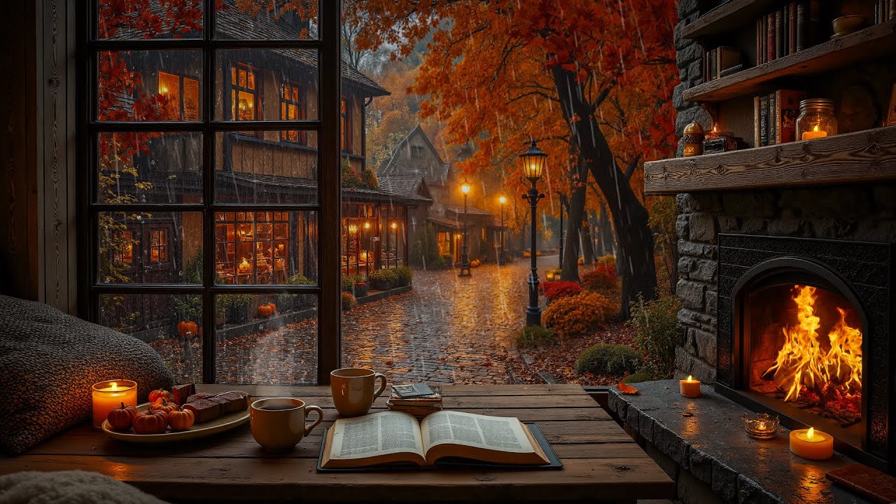 Cozy Window Café & Rainy Jazz Outside | Village Autumn Street & Fireplace with Jazz Piano For Relax