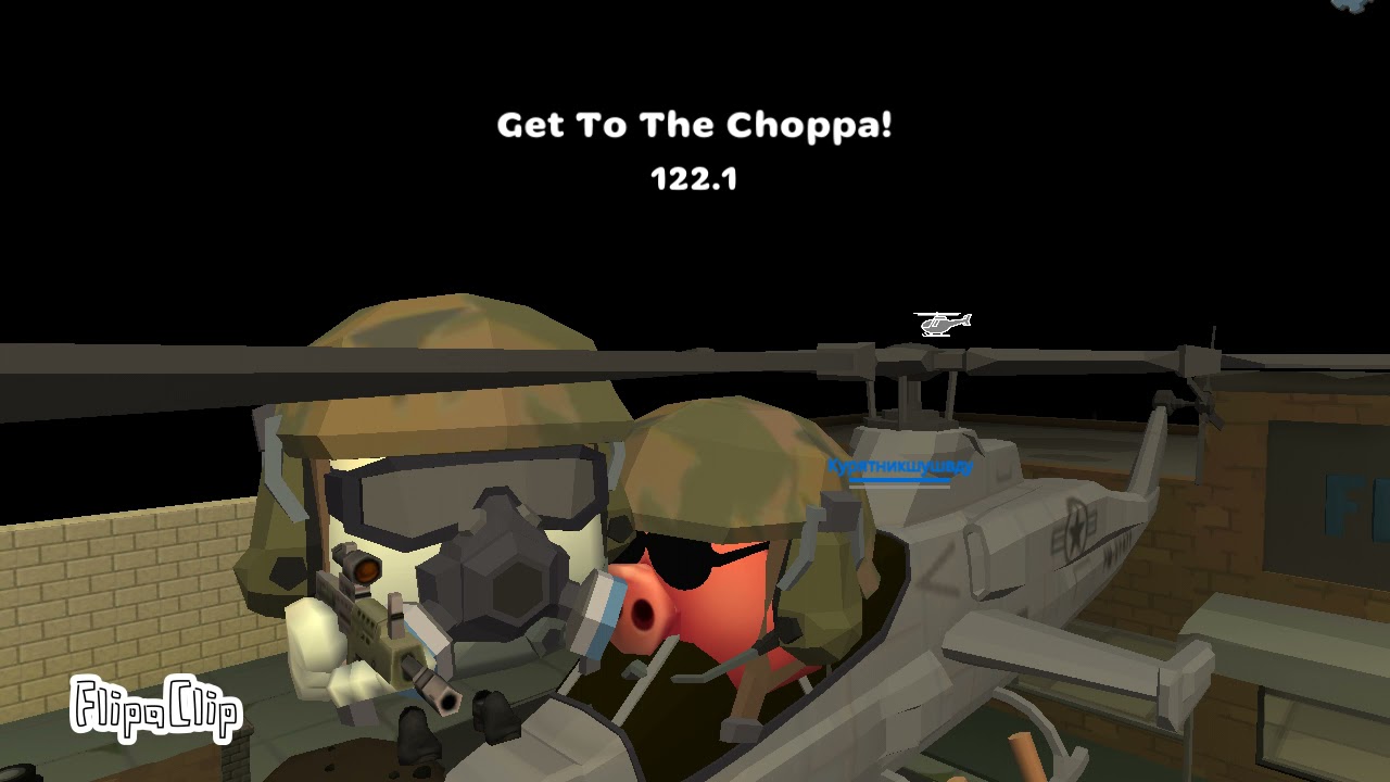 Chicken gun soldier top of a helicopter