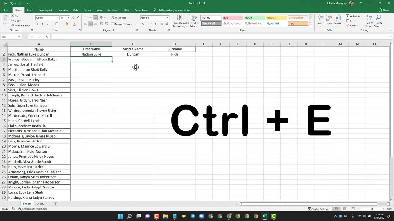 Pabilisin ang pag encode ng pangalan gamit ang excel flash fill