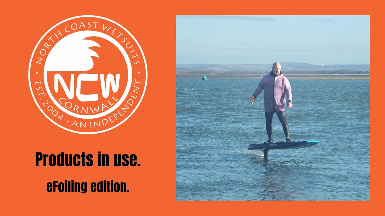 Products in use, eFoiling edition: featuring NCW's 5/3mm chest zip wetsuit and 3mm neoprene jacket.