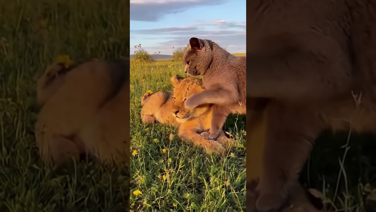 Cat Gently Pats Confused Lion Cub's Head! 🦁🤔 