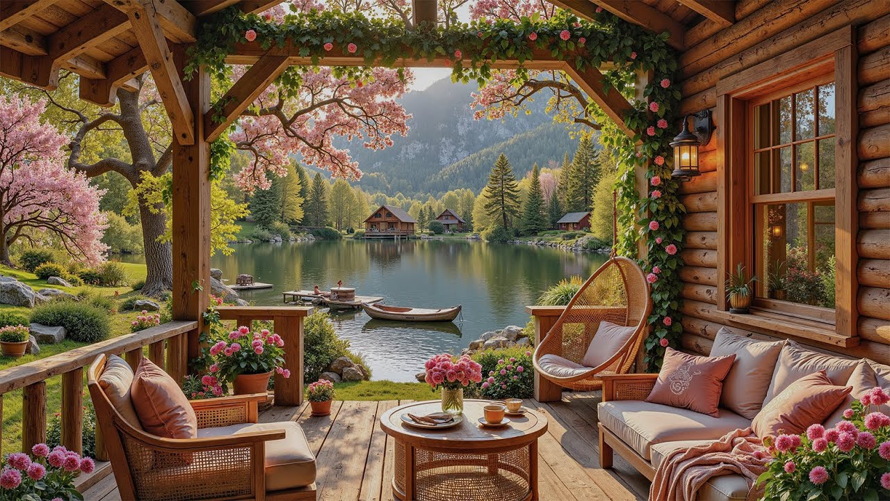 Warm Lakeside Spring Cabin Jazz | Gentle Jazz Piano & Nature Ambience ...