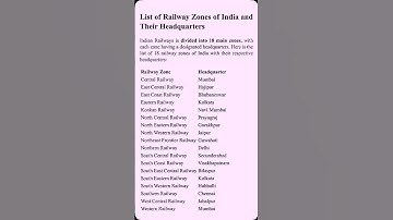 List Of Railway Zones of Indian Railway and Their Headquarters #railwayzone #zones #wcr #divisions
