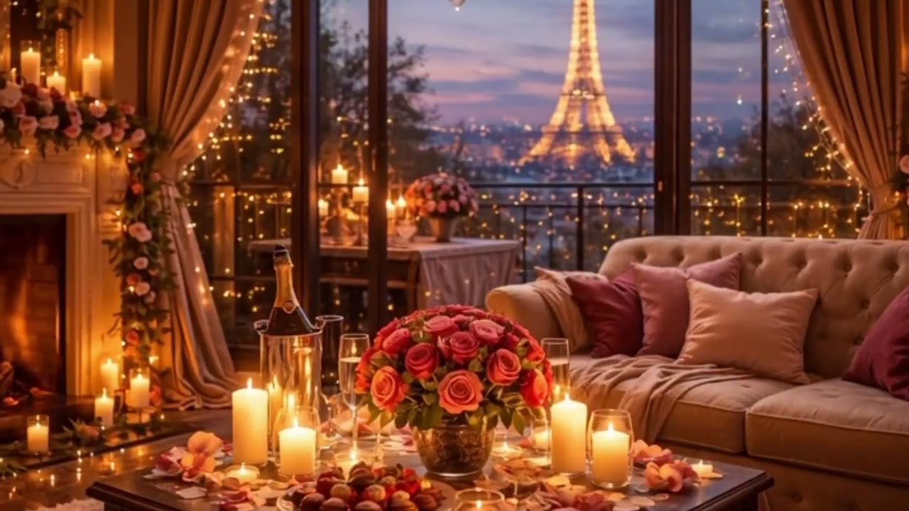 Romantic Valentine Ambience ❤️ Cozy Fireplace & Paris Night View | Pure Calm View