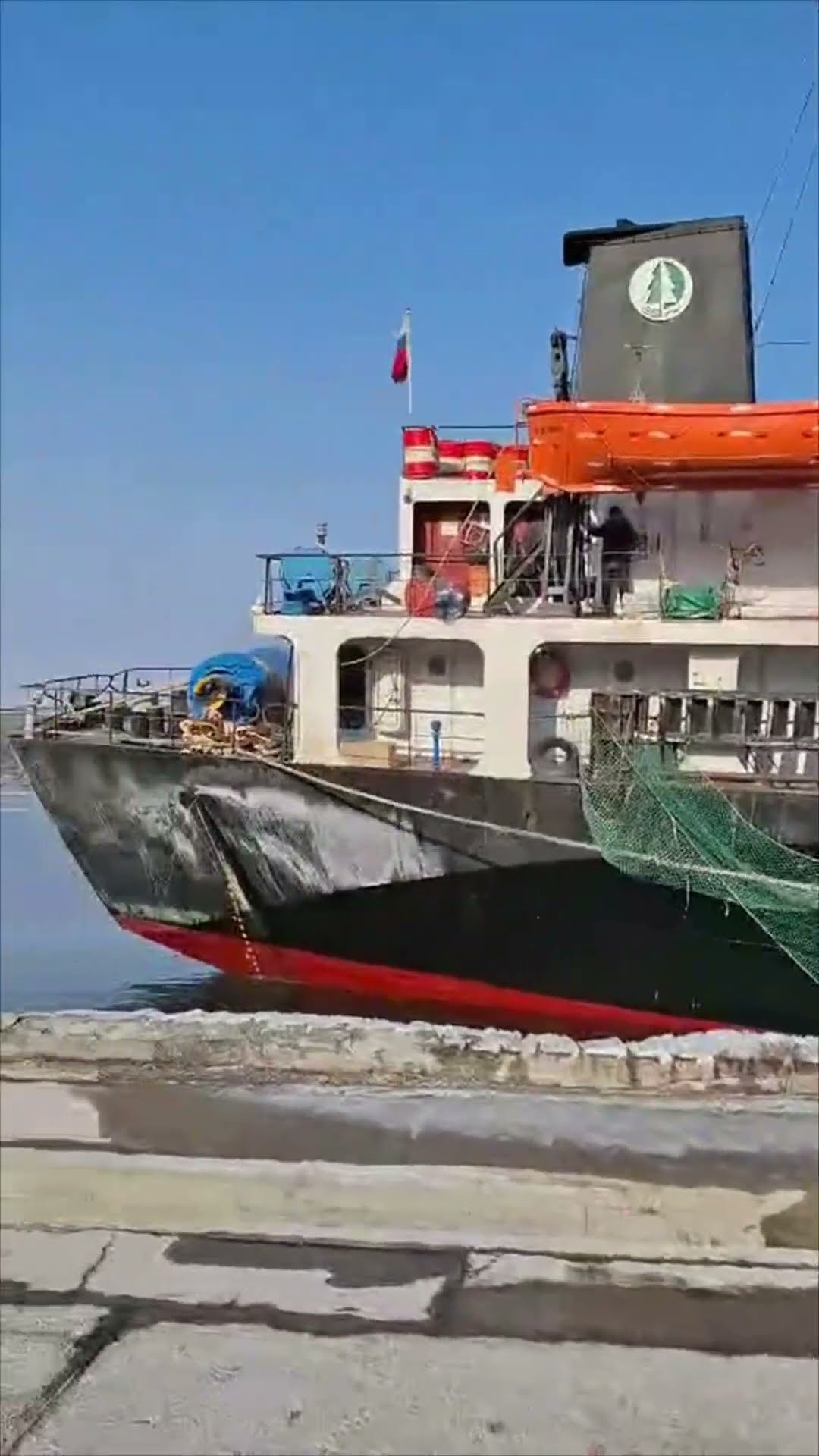 Leaning Ship at Port Drops Timber Cargo Overboard