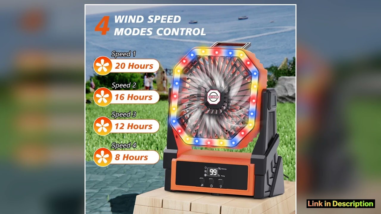 20000mAh USB Rechargeable Camping Fan 4 Speeds 360 Hanging Hook Fan with LED Lights Remote Control
