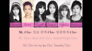 Lyrics credit:
http://kkromanized.wordpress.com/2014/04/01/rom-eng-lyrics-a-pink-mr-chu/
http://kpoplyrics2you.blogspot.sg/2014/03/apink-mr-chu-lyrics.html
h...