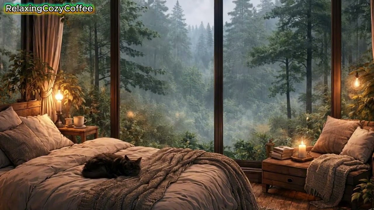 Tranquil Winter Cabin Living Room ❄️Relaxing , Fireplace & raining for Work, Sleep