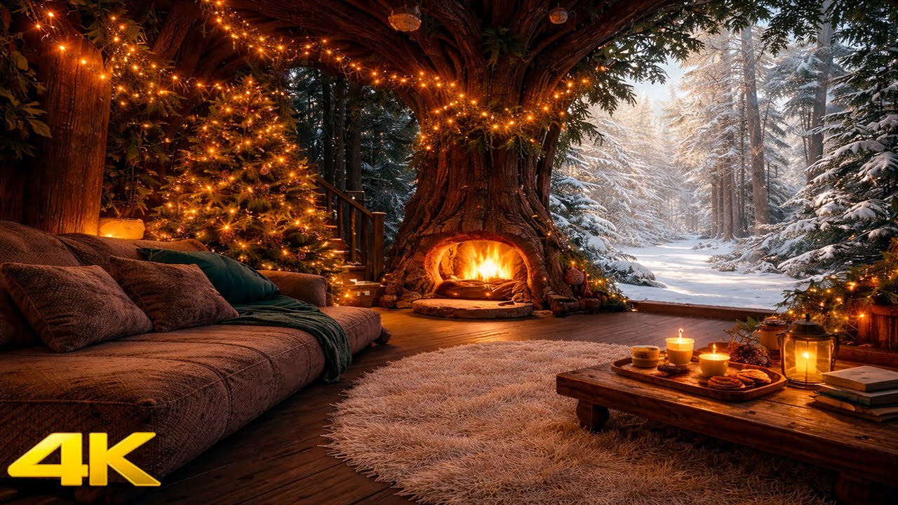 4k 10h Feu de cheminée enchantée 🎄✨ arbre de Noël féerique 4k
