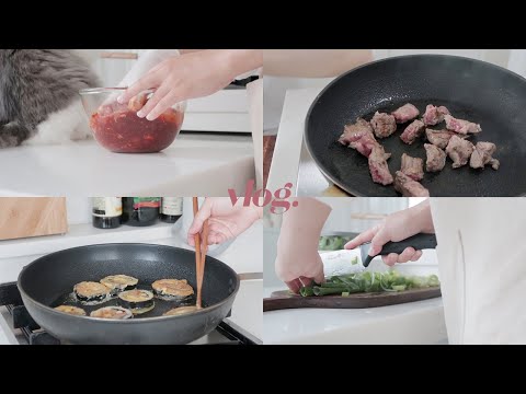 (<strong>eng</strong>) VLOG 오랜만에 자취 요리 가득👩🏻‍🍳+연구실 먹방 일상, 제육볶음, 파 손질, 김밥, 된장찌개, 소고기 <strong>파티</strong>, 생일선물 언박싱, 특별하진 않아도 행복했던 생일