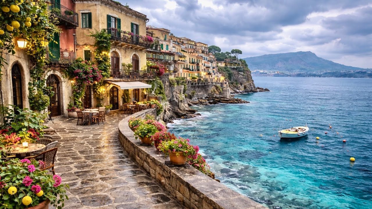 SORRENTO, ITALY — CLOUDY COASTLINE & OLD TOWN PROMENADE WALK 4K HDR
