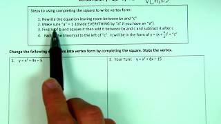 Changing Standard form Quadratic Functions in to Vertex Form