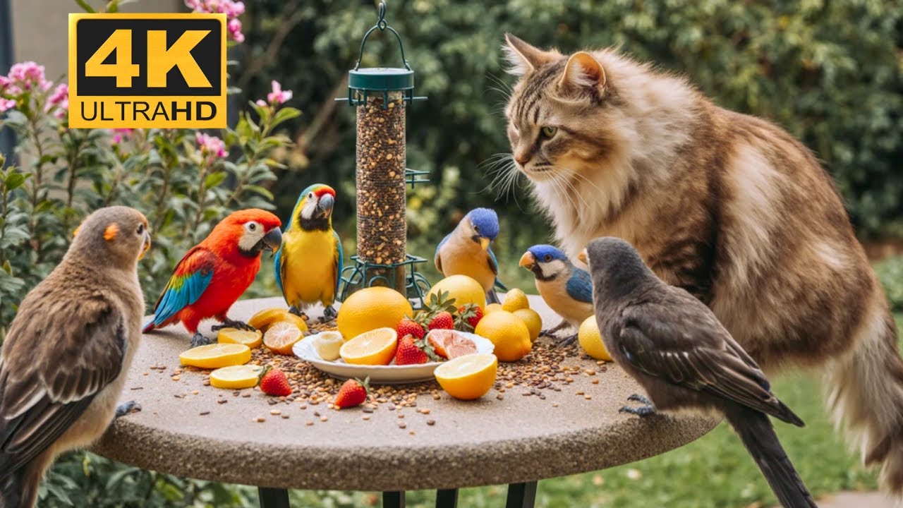 [No Ad Interruptions] Cat TV 😺Squirrels and birds: buddies at the food bowl.