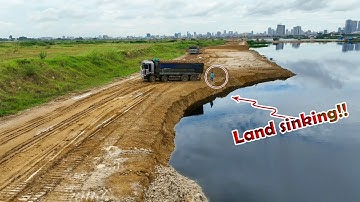 Impressive Bulldozer Skill Driver Pushing Soil Drop Into Water With Team Work Dump Trucks Unloading
