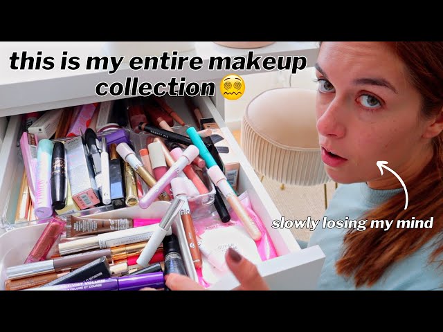REORGANIZE AND DECLUTTER WITH ME // my entire makeup collection fitting into ONE DESK 😵‍💫😅 class=