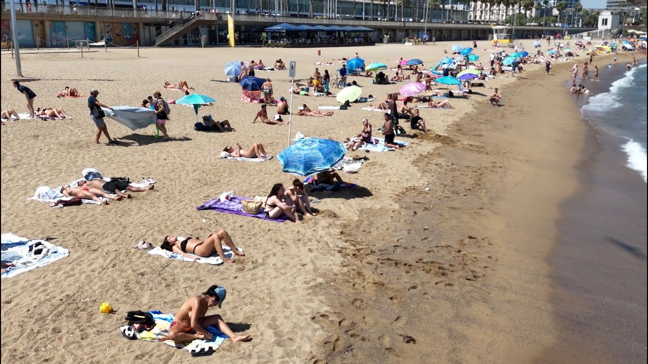 Barcelona Beach Drone Walk Beautiful Waves And Sand And ?