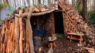 Bushcraft Shelter Building; Winter Camping in the Wilderness With My Dog. Off Grid Cooking - Asmr