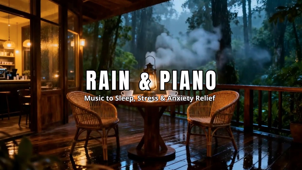Relaxing Music with Rain Sounds & Piano on Rainy Cafe Veranda for Anxiety Relief | Soft Cinematic