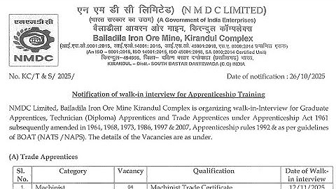 NMDC LIMITED APPRENTICE TRAINING RECRUITMENT ll INTERVIEW DATE ll QUALIFICATION ll VACANCY DATE ll 