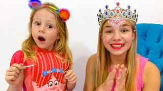 Nastya pede ao papai roupas novas, sapatos e cosméticos de crianças.